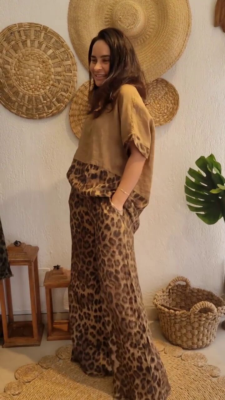 Women Clothing Loose Stitching Short Sleeve Top High Waist Wide Leg Pants Two Piece Sets