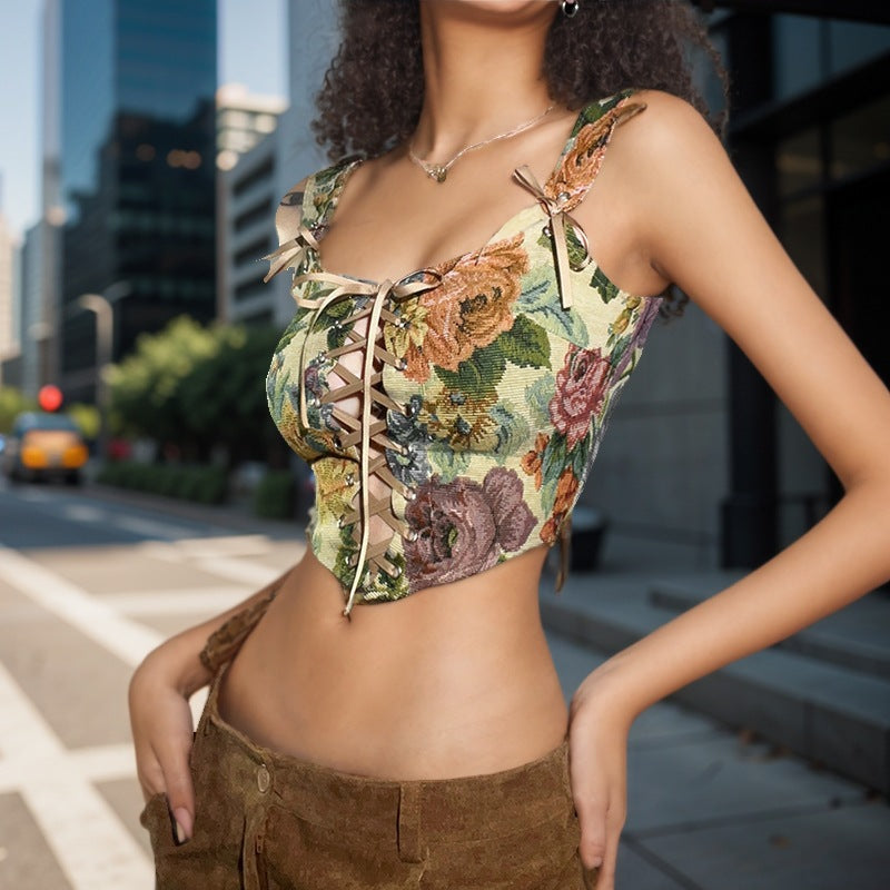 Women Clothing Square Collar Spicy Bandage Vest Printed Top Slim Fit Camisole