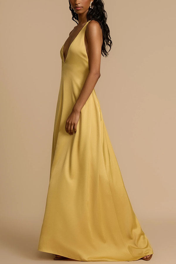 Summer Sexy Backless V neck Satin Maxi Dress Women
