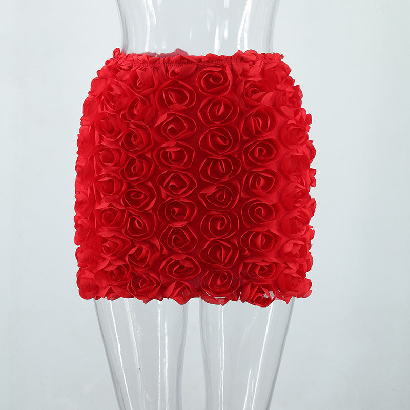 Women Clothing Nightclub Sexy Solid Color Three Dimensional Floral Ultra Short Skirt Straight Hair