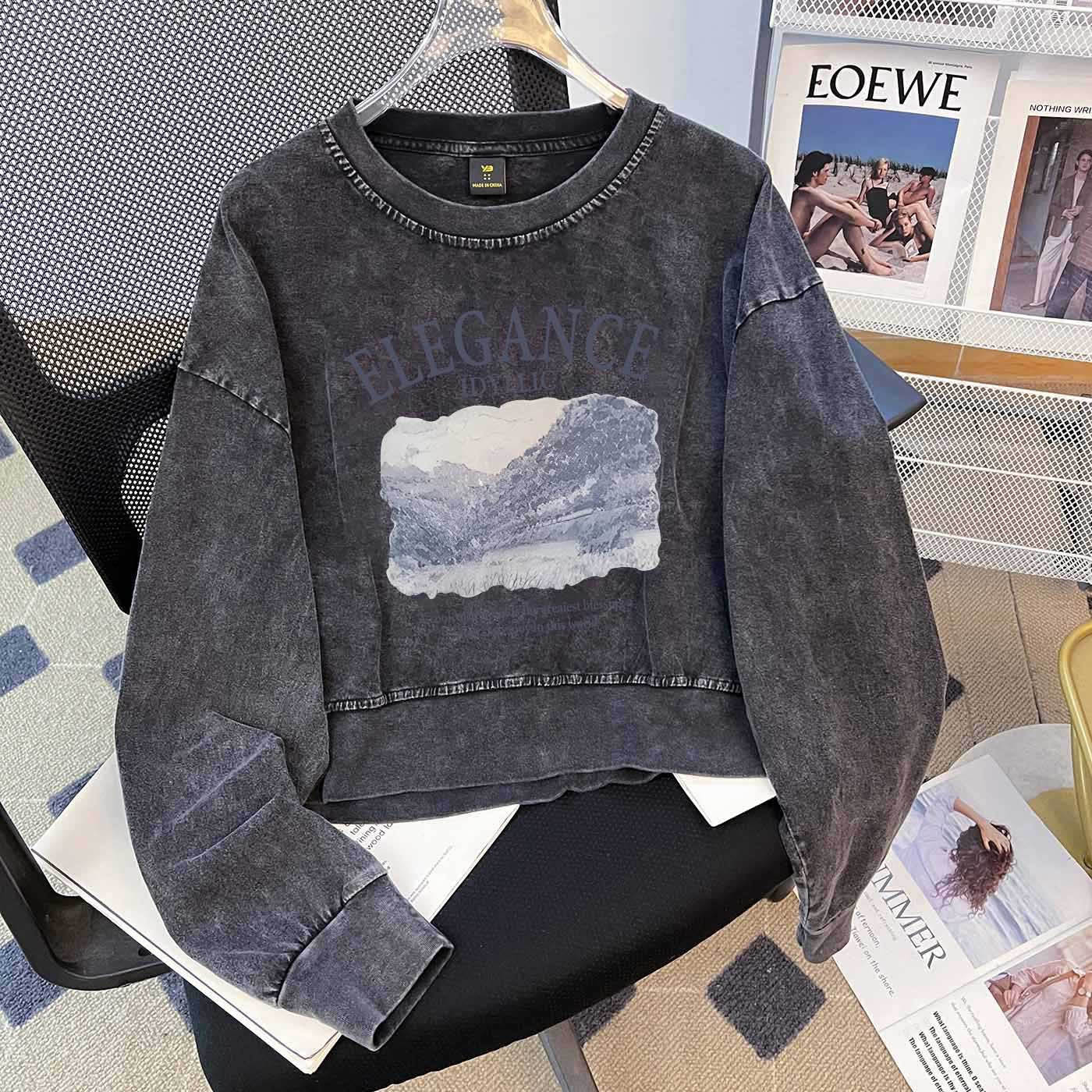 Niche Design Washed Distressed Long T Shirt Women Autumn Loose Short Round Neck Washed Vintage Sweatshirt