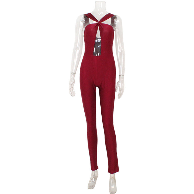 Close Fitting Slim Fitting Elegant Halter Tube Top Hollow Out Cutout Sexy One Piece Jumpsuit