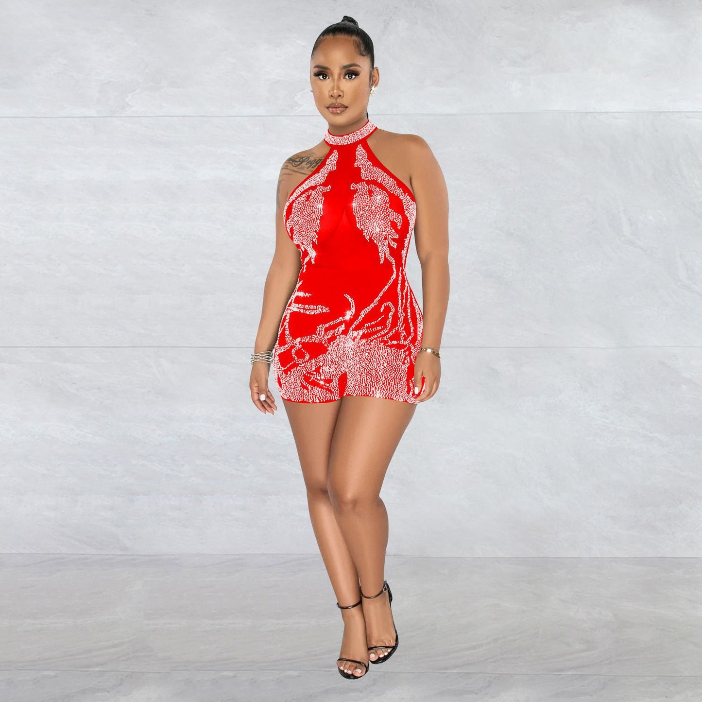 Summer Women Clothing Sexy Tight Mesh See through Rhinestone Jumpsuit for Women