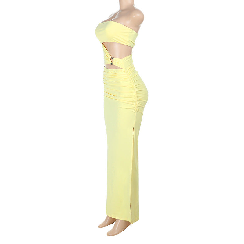 Tube Top Sexy Hollow Out Cutout Split Yellow Dress Women Vacation Sexy Slim Fit Maxi Dress