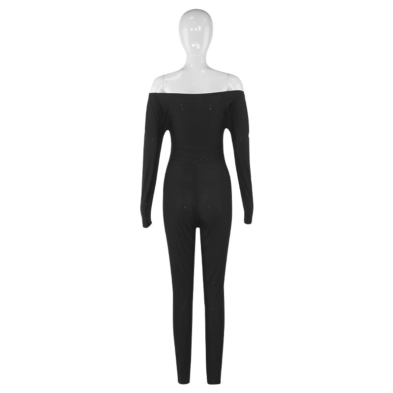 Autumn Solid Color V Neck Twist Hollow Out Cutout Cropped Sexy High Waist Long Sleeve Jumpsuit