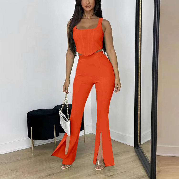 Summer Pants Suit Solid Color Office Sleeveless Vest Split Trousers Casual Two Suits