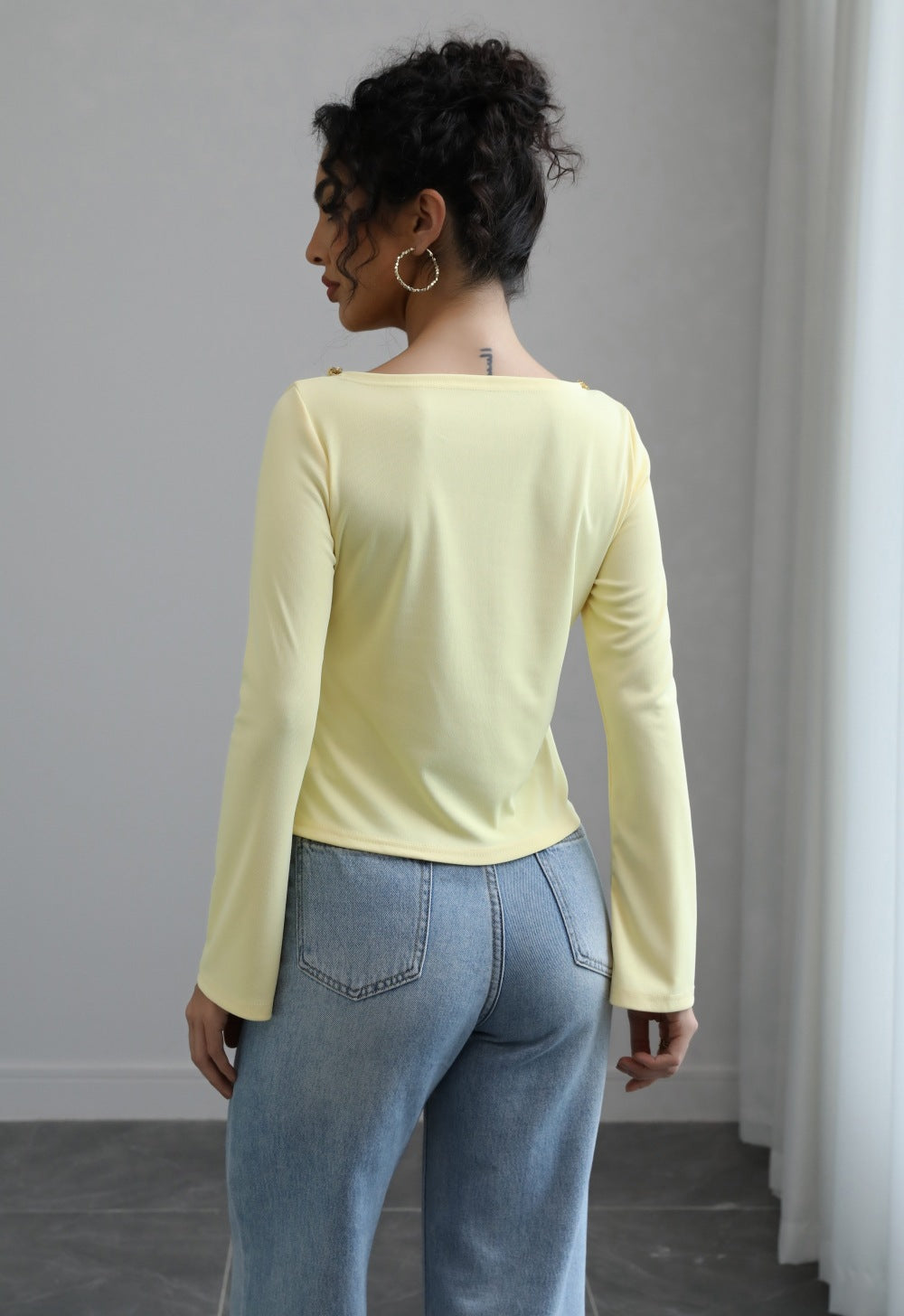 Women Clothing Autumn Sequ Slim Fit Slimming Lace up Irregular Asymmetric Top Casual T shirt