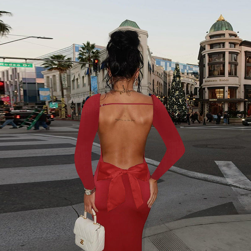 Autumn Holiday Sexy Long Sleeve Backless Bow Slim Fit Dress Women