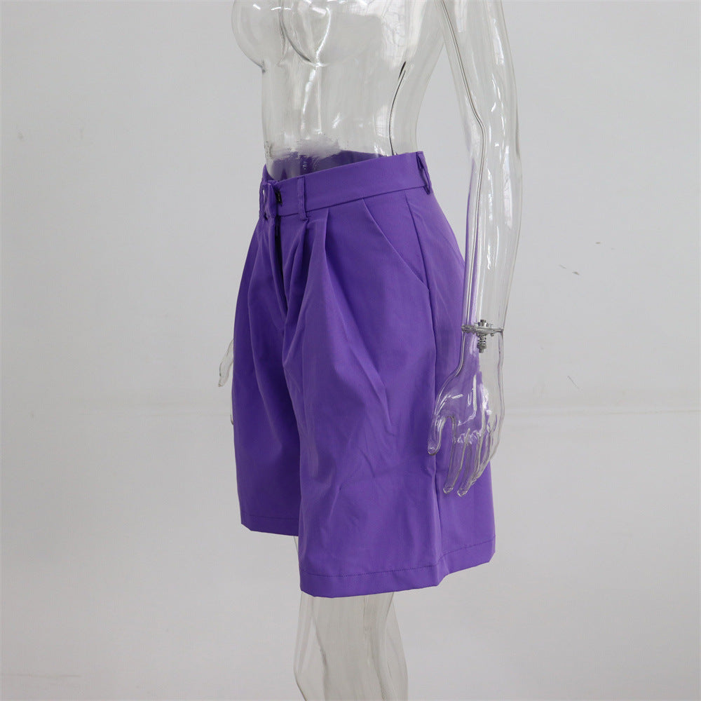 Summer Shorts Women Flanging Pocket Zipper Hidden Hook Solid Color Casual Pants Straight Blazer Shorts