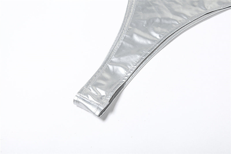 Metallic Coated Fabric Spring Summer Women Slim Fit High Waist Round Neck Sleeveless Reflective Jumpsuit