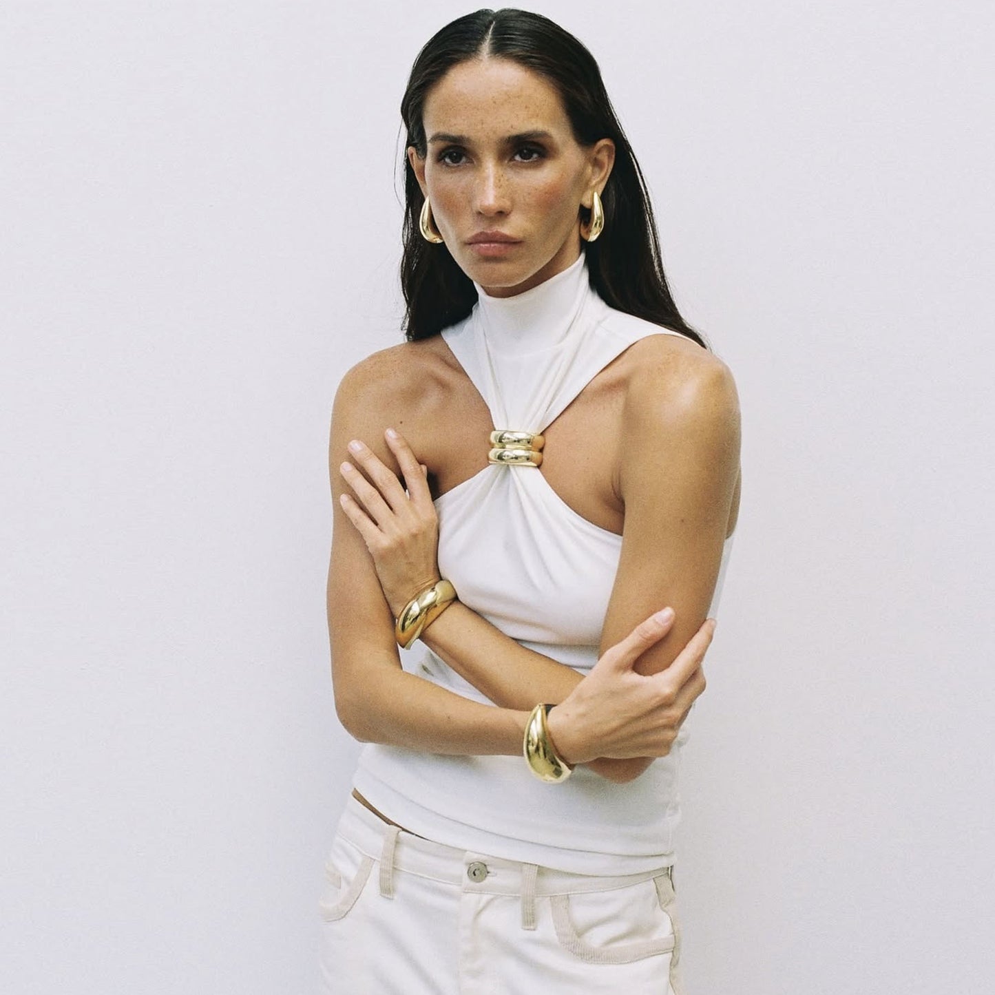 Spring Summer Women Gold Ring Sleeveless Cold Shoulder Stretch Top
