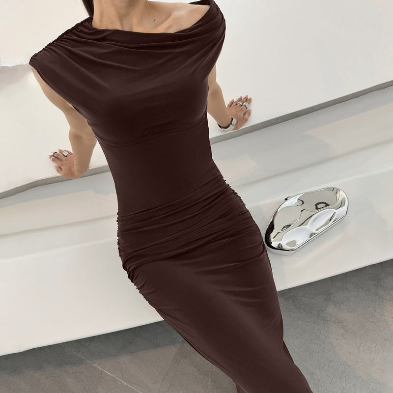 Women Clothing Summer Pleated Waist Tight Slimming Shoulder Hollow Out Cutout Sexy Solid Color Dress