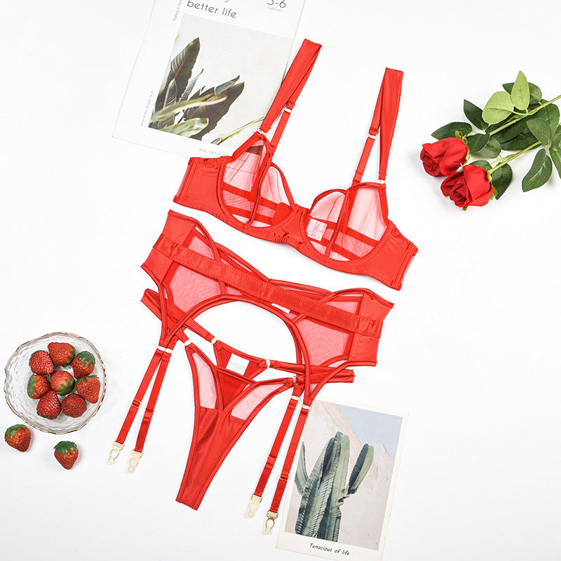 Sexy Sheer Mesh Women Push Up Sexy Split Underwear With Steel Ring Three Piece Set
