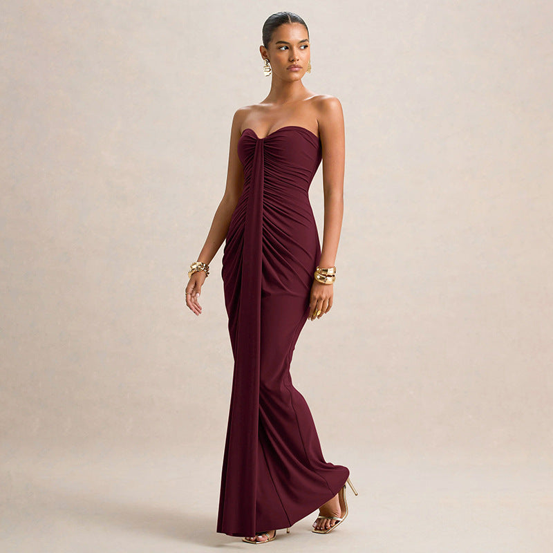 Women Clothing Autumn Arrival Solid Color Slim Fit Sweetheart Pleated Wrap Sleeveless Sleeve Length Dress