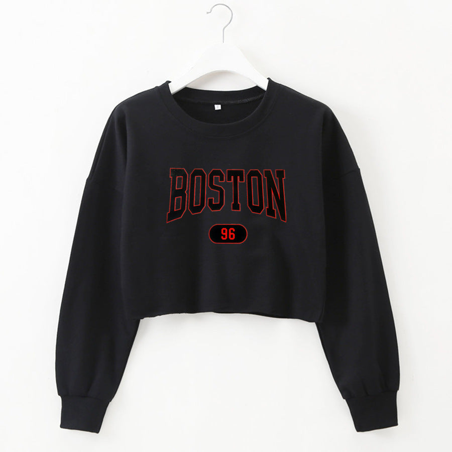 Women Clothing Autumn Winter Boston Letter Graphic Printing Cropped Long Sleeves Sweatshirt Women