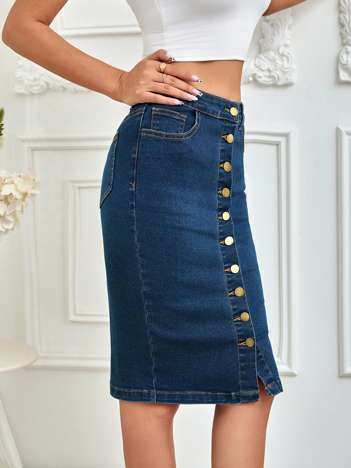 Ladies One Piece Front Row Buttons Multi Buckle Sheath Pencil Skirt Stretch Denim Midi Skirt