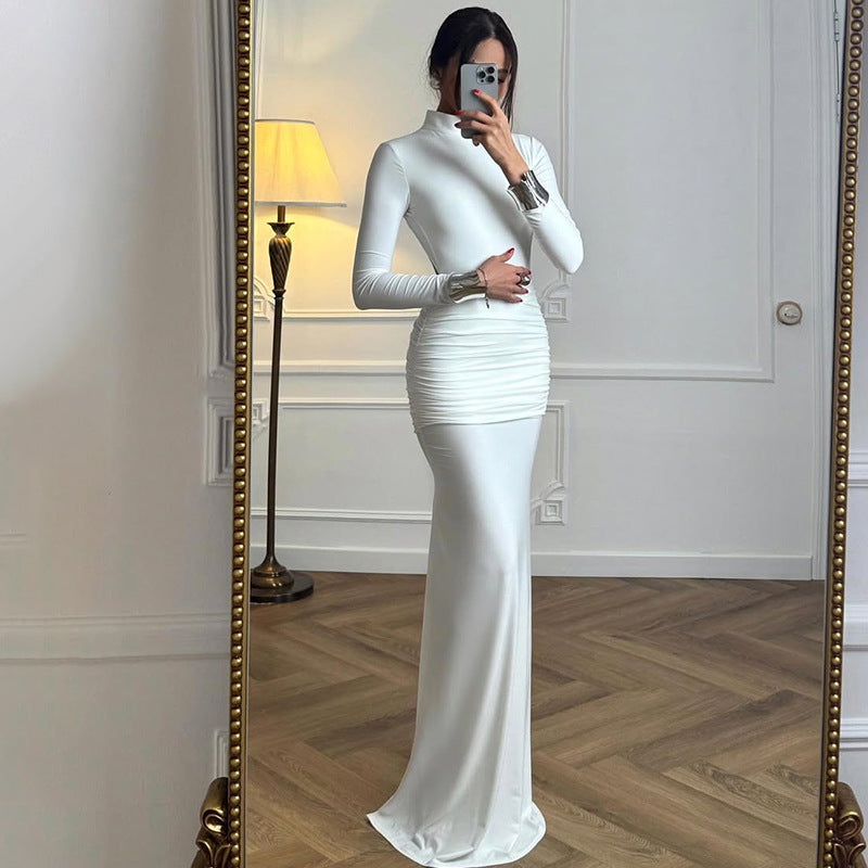 Women Clothing Autumn Solid Color Long Sleeve Slim Fit Fishtail Dress Button Backless Dress Women