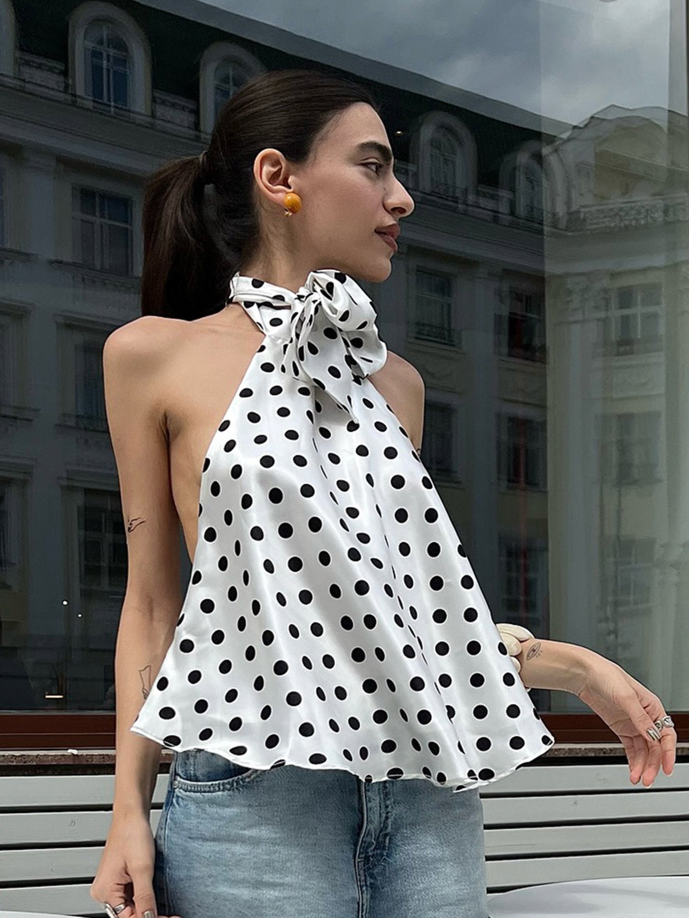 French Elegant Bow Halter Sexy Satin Vest Sexy Polka Dot Irregular Asymmetric Spaghetti Strap Backless Top