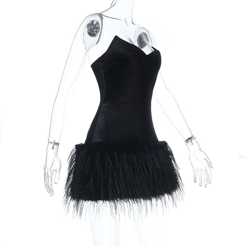 Tube Top Sexy Socialite Furry Hem Short Dress Women