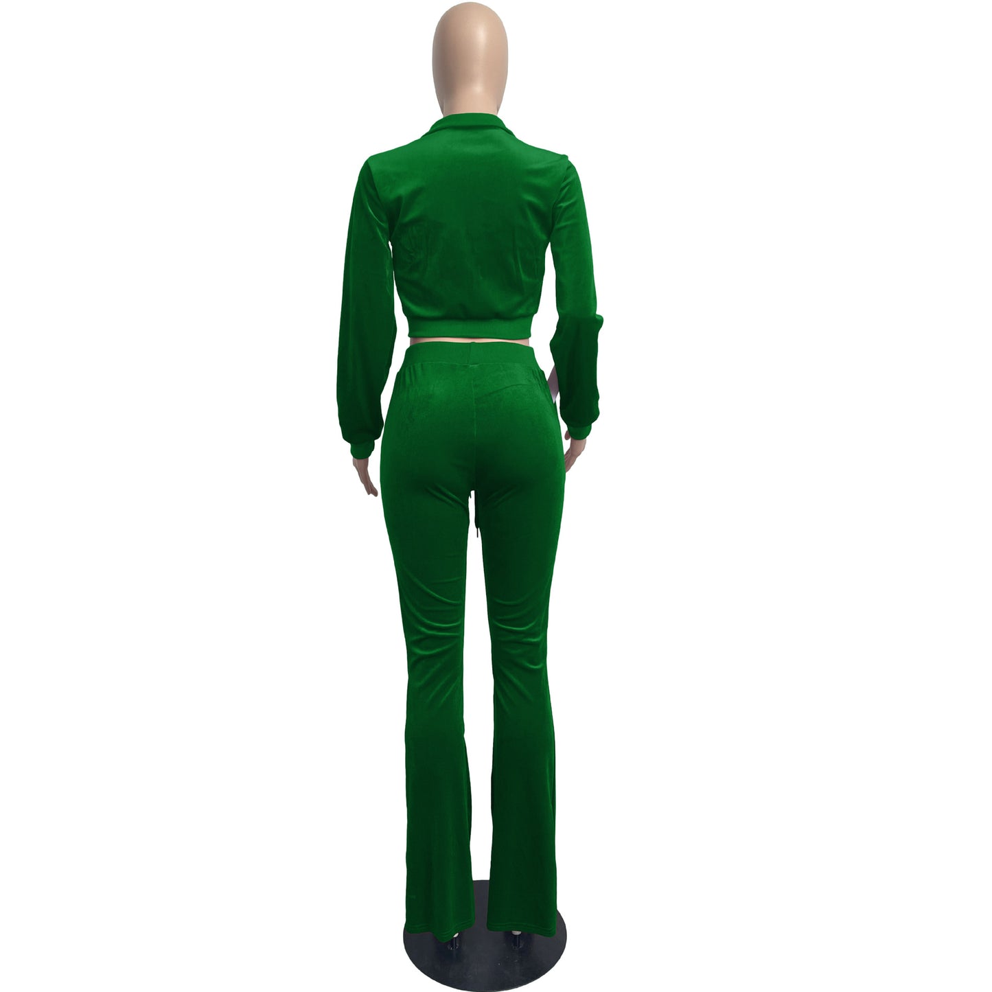 Women Clothing Two-Piece Korean Velvet Solid Color Long Sleeve Sexy cropped Casual Sports Suit
