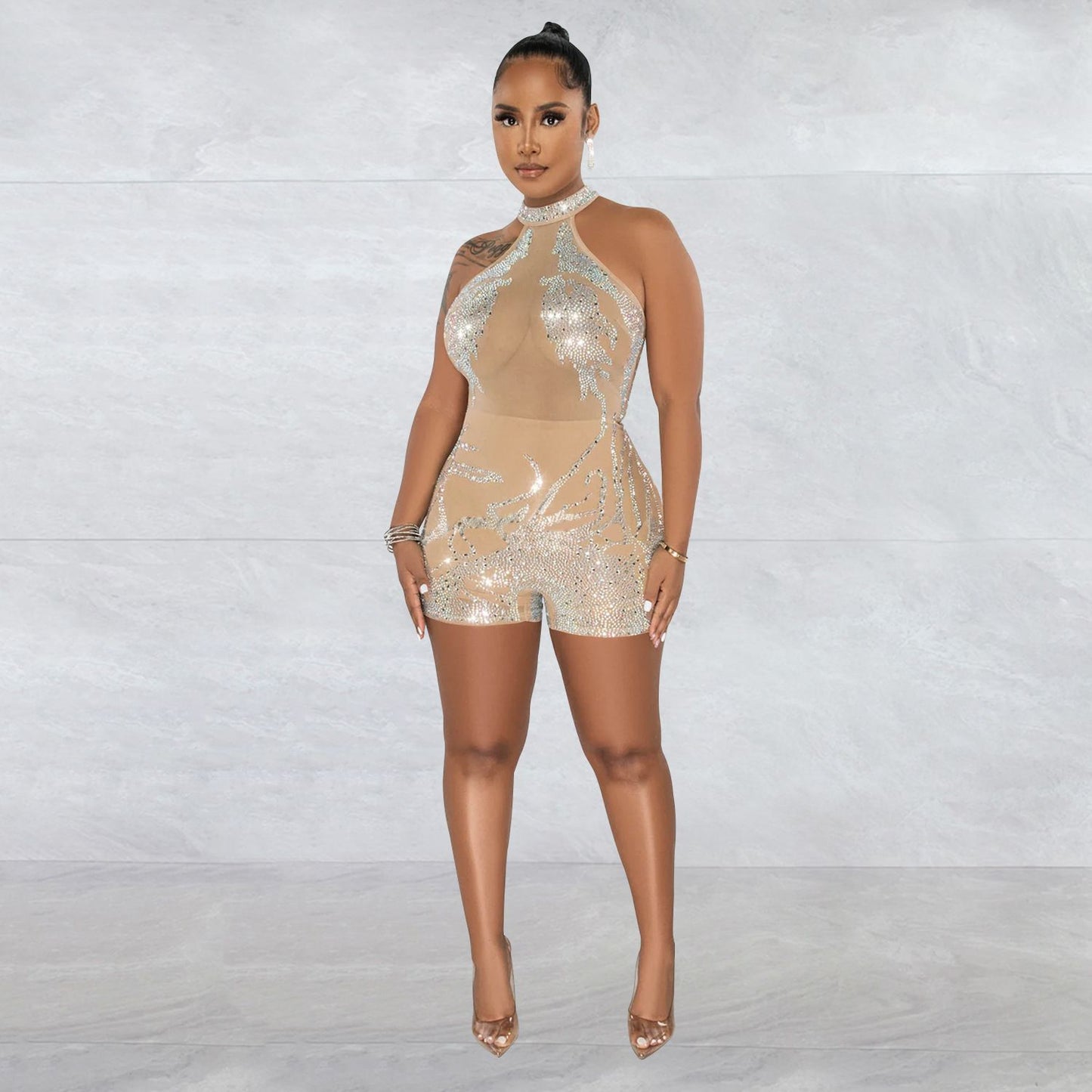 Summer Women Clothing Sexy Tight Mesh See through Rhinestone Jumpsuit for Women