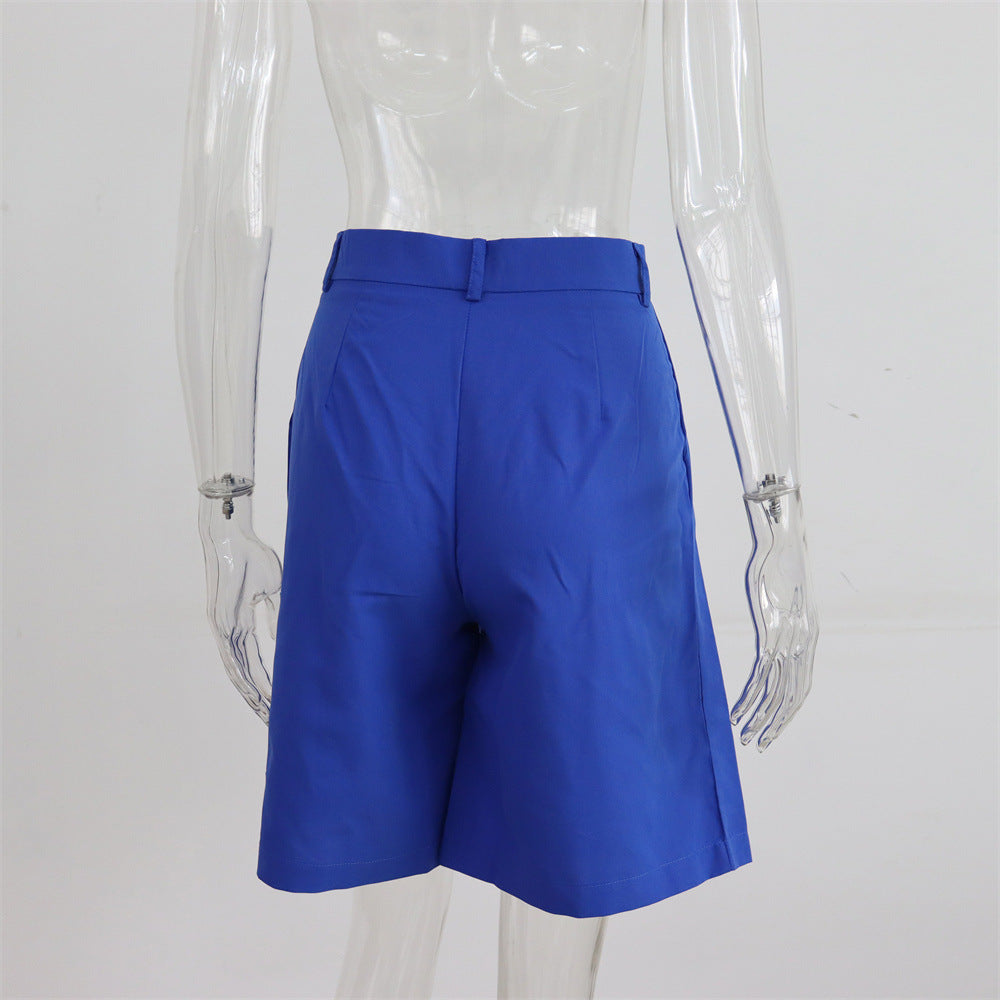 Summer Shorts Women Flanging Pocket Zipper Hidden Hook Solid Color Casual Pants Straight Blazer Shorts