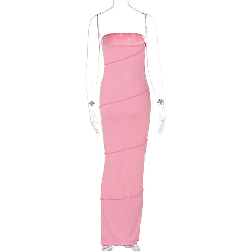 Women Clothing Summer Wrapped Chest Striped Solid Color Sunken Stripe Sleeveless Slim Fit Dress