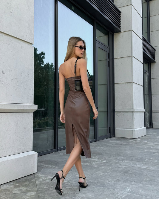Women Clothing Autumn Winter Sexy Tube Top Dress Faux Leather Solid Color Dress Slit Slim Fitting