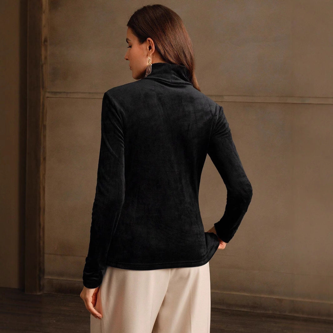 Women Clothing Simple Mid Collar Velvet Long Shirt