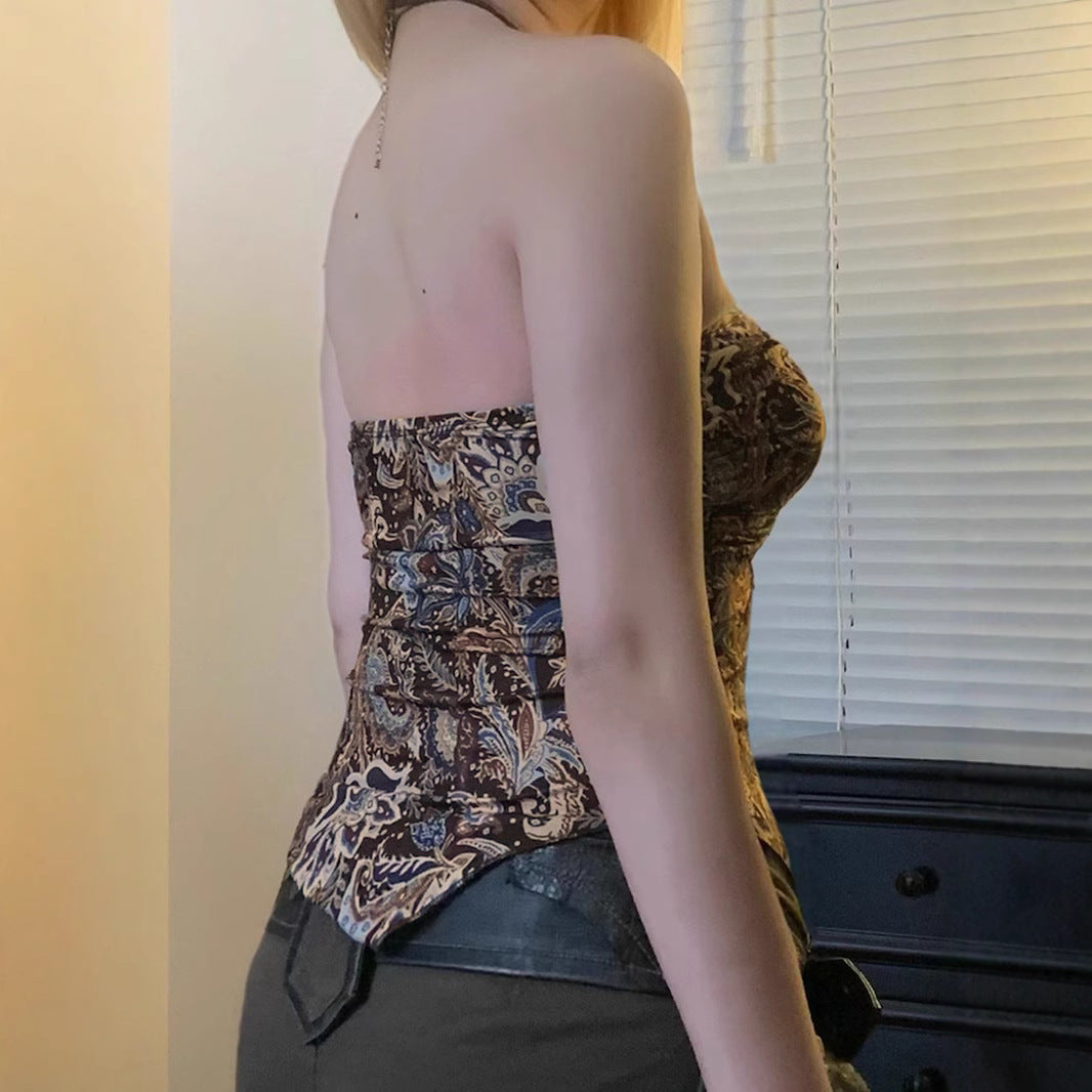 Ethnic Re Work Printing Irregular Asymmetric Wrapped Chest Distressed Metal Buckle Pleated Waist Tight Short Vest