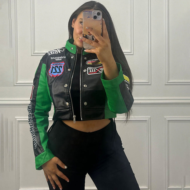 Autumn Winter Women Clothing Sexy Cropped Vintage Floral Print Long Sleeves Varsity Jacket