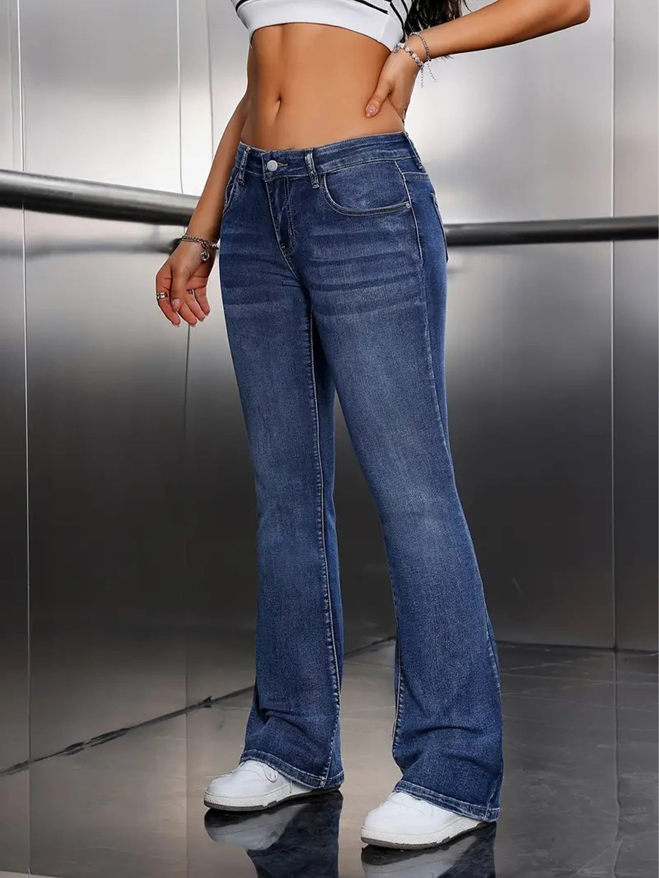 Women Jeans Stretch Simple Blue Pants Slim Fit All Match Flared Pants Jeans
