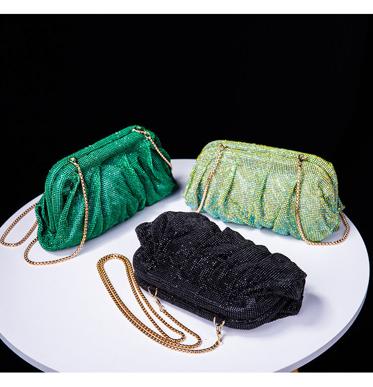 High Grade Diamond Studded by Hand Clutch Pleated Chain Rhinestone Cloud Clip Dinner Bag One Shoulder Crossbody Bag