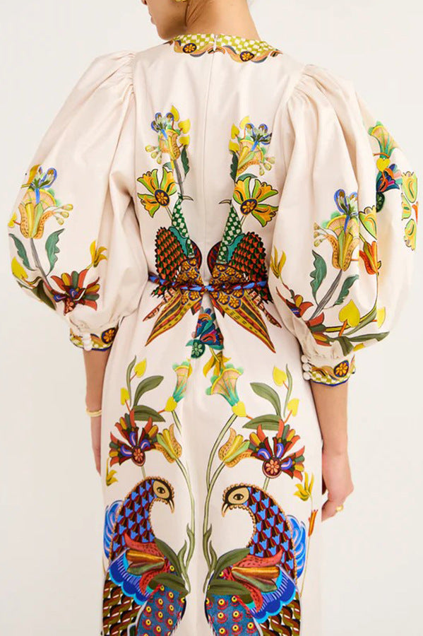 Autumn Printed Peacock Round Neck Dress Amplified craft