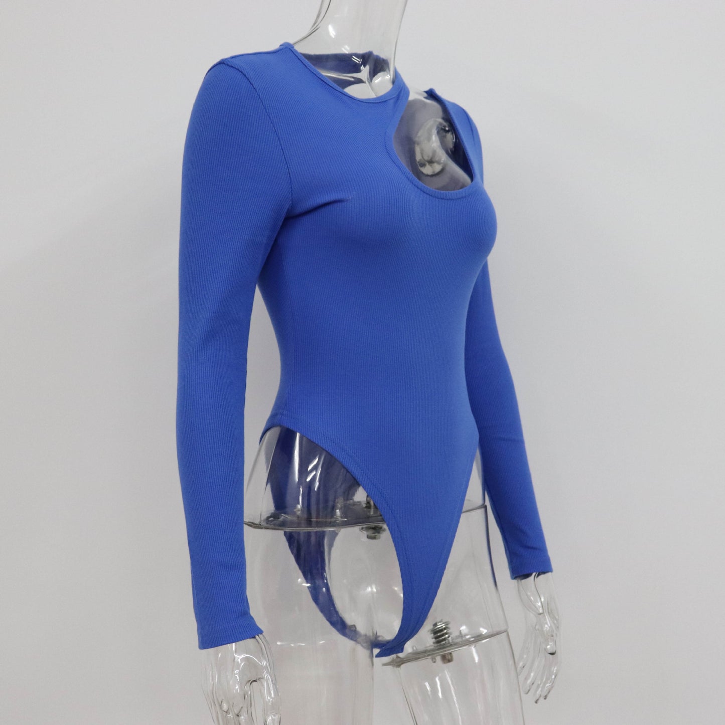 Rib Hollow Out Cutout out Bodysuit Women Spring Long Sleeve Sexy Top Simple Slimming