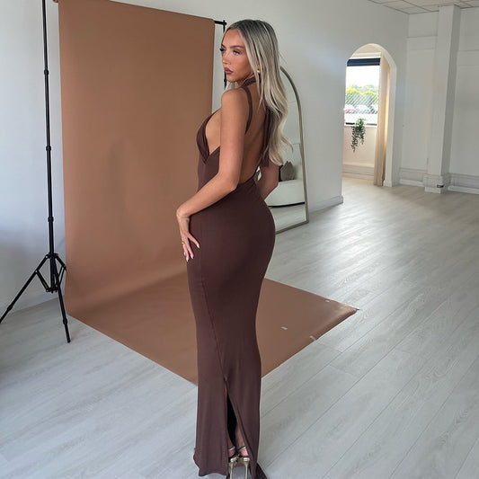 Spring Dress Solid Color Halter Hollow Out Cutout Slim Sheath High Waist Sexy