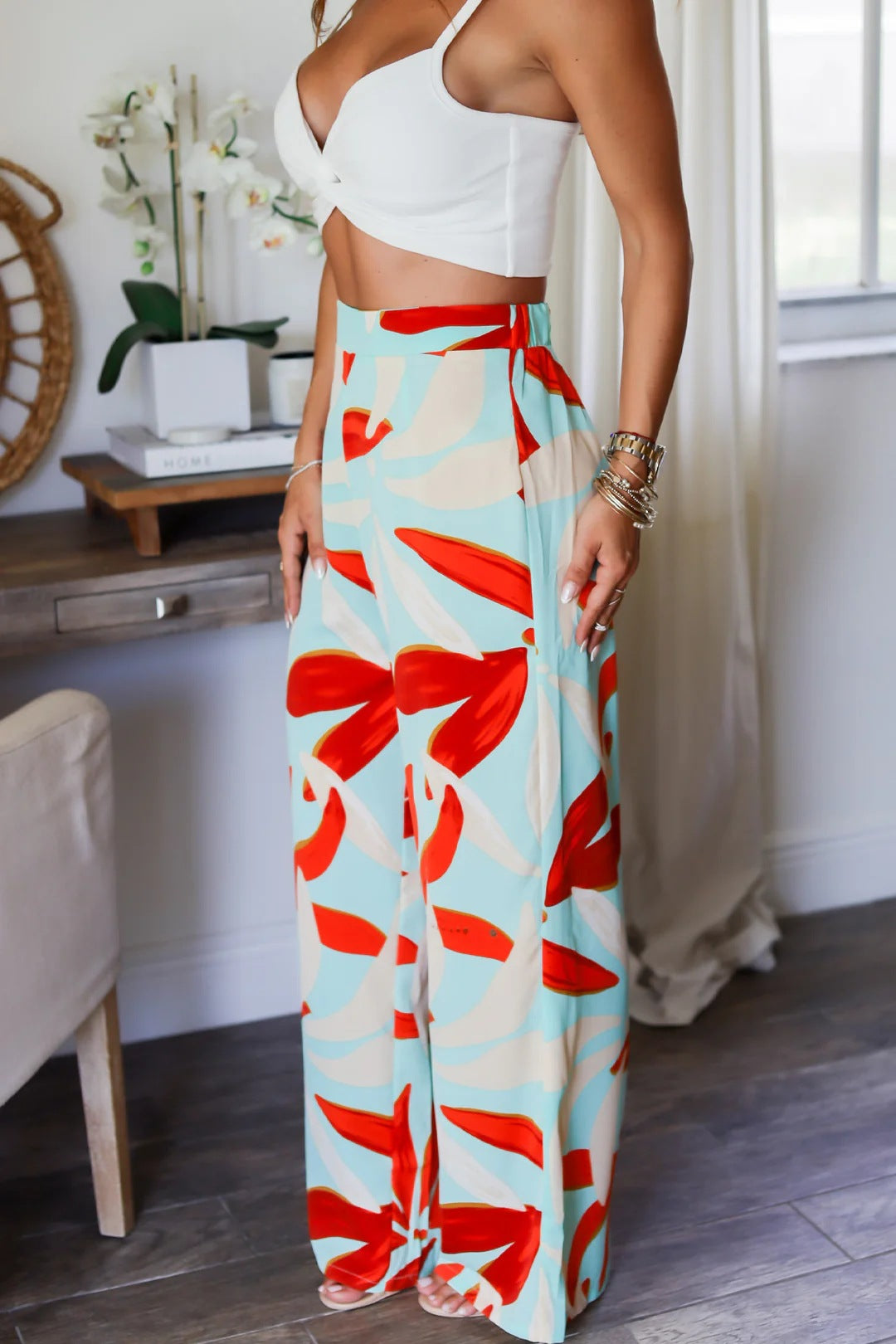Summer Leaf Printing Wide Leg Casual Pants Ladies High Waist Straight Leg Pants