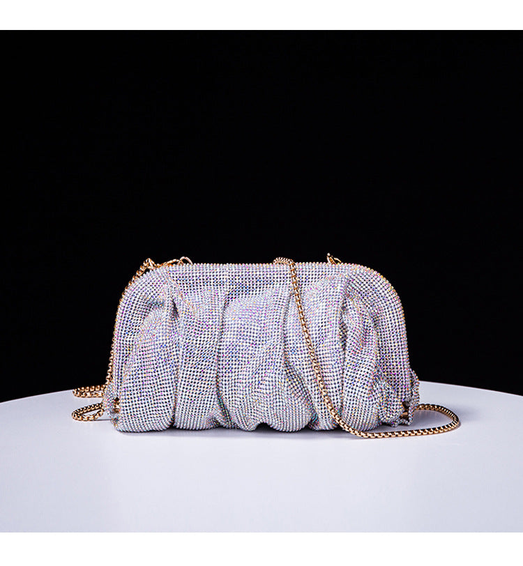 High Grade Diamond Studded by Hand Clutch Pleated Chain Rhinestone Cloud Clip Dinner Bag One Shoulder Crossbody Bag
