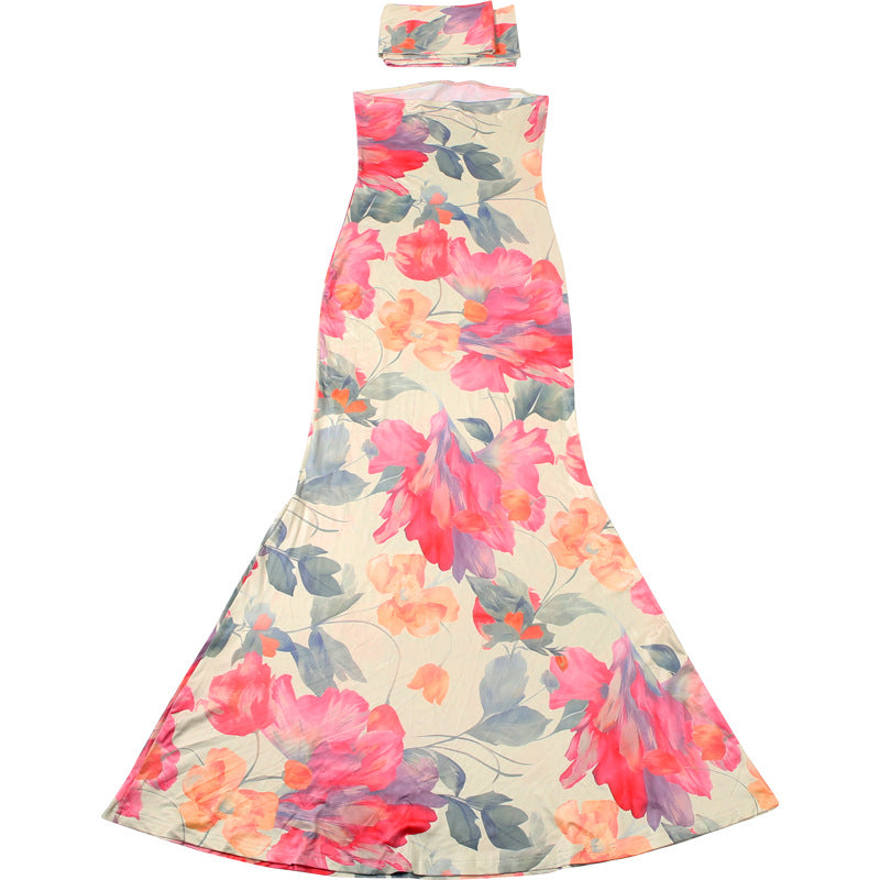Fall Women Clothing Elegant Slim Fit Scarf Collar Sexy Backless Tube Top Printed Dress Women