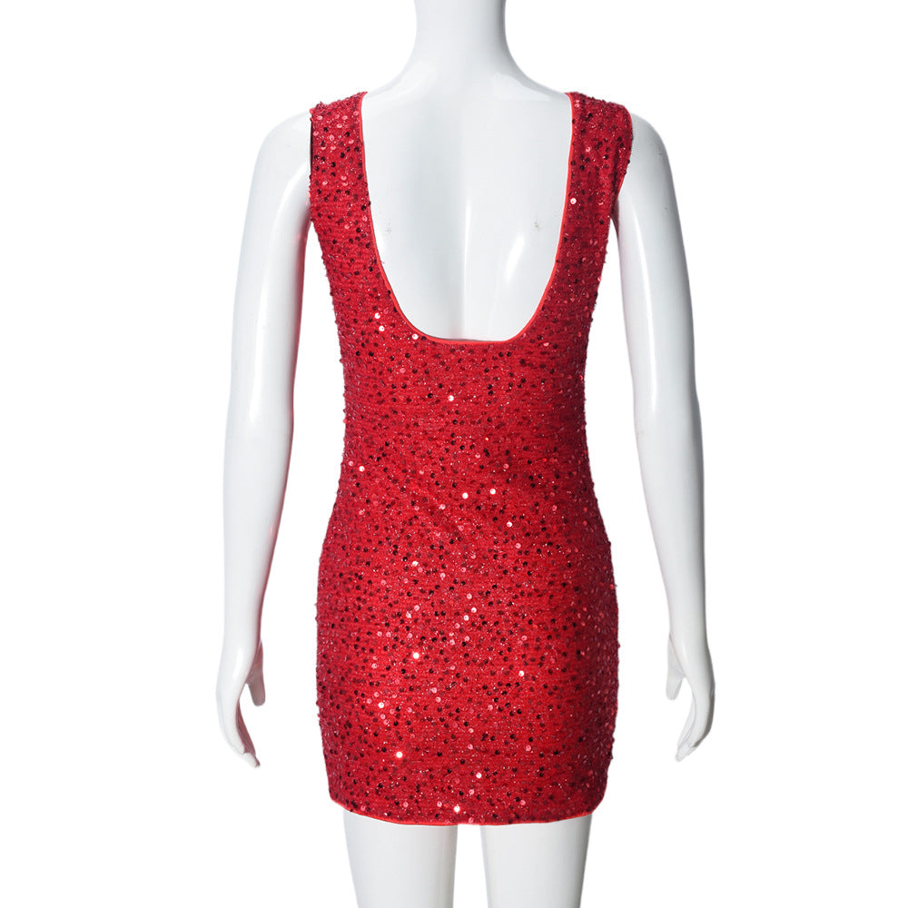 Women Clothing Spring Sequined Sleeveless Backless Sexy Dress