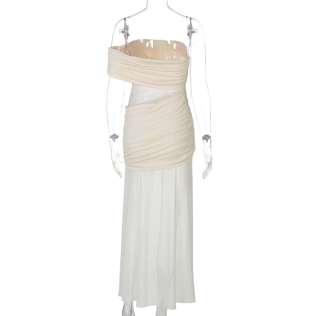Women Clothing Summer off Neck Mesh Stitching Sexy Slim Fit Pleated Dress