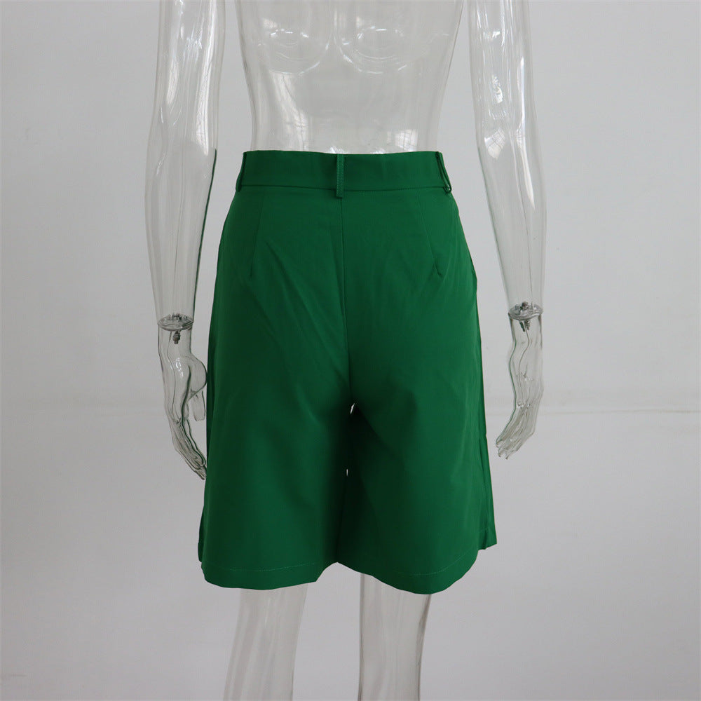 Summer Shorts Women Flanging Pocket Zipper Hidden Hook Solid Color Casual Pants Straight Blazer Shorts