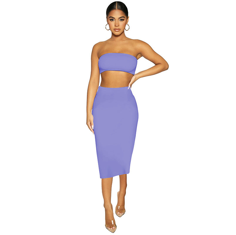 New Women Clothing Sexy Bandeau cropped Two-Piece Street Tight Skirt Set Summer