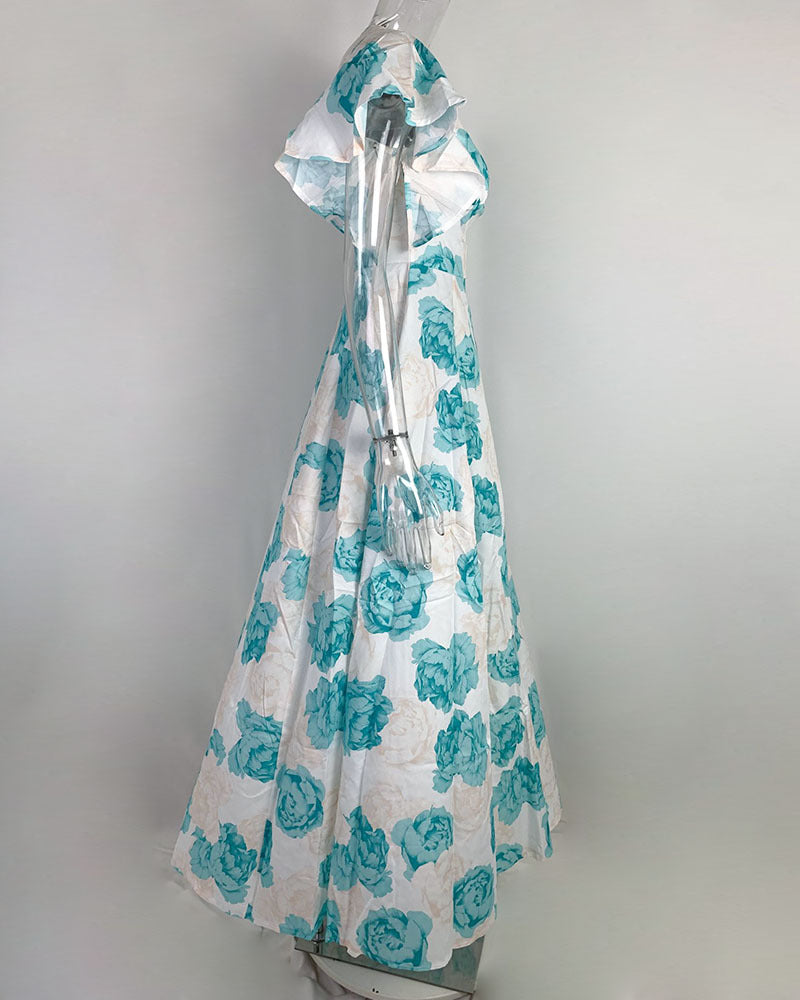 Arrival Women Clothing Summer Office V neck Waist Trimming Printing Large Swing Dress