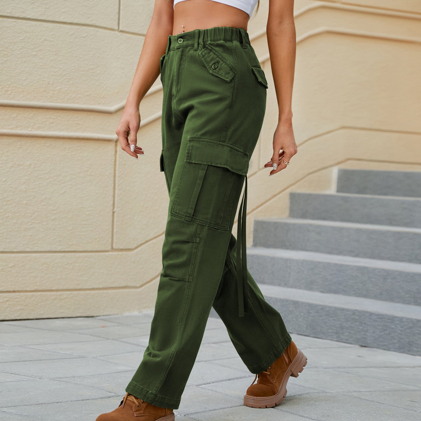 Women Spring Summer Washed Cargo Pants Ribbon Jeans Casual Trousers