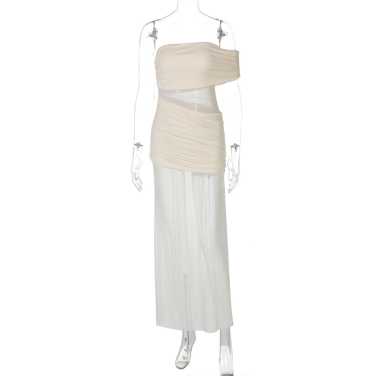 Women Clothing Summer off Neck Mesh Stitching Sexy Slim Fit Pleated Dress