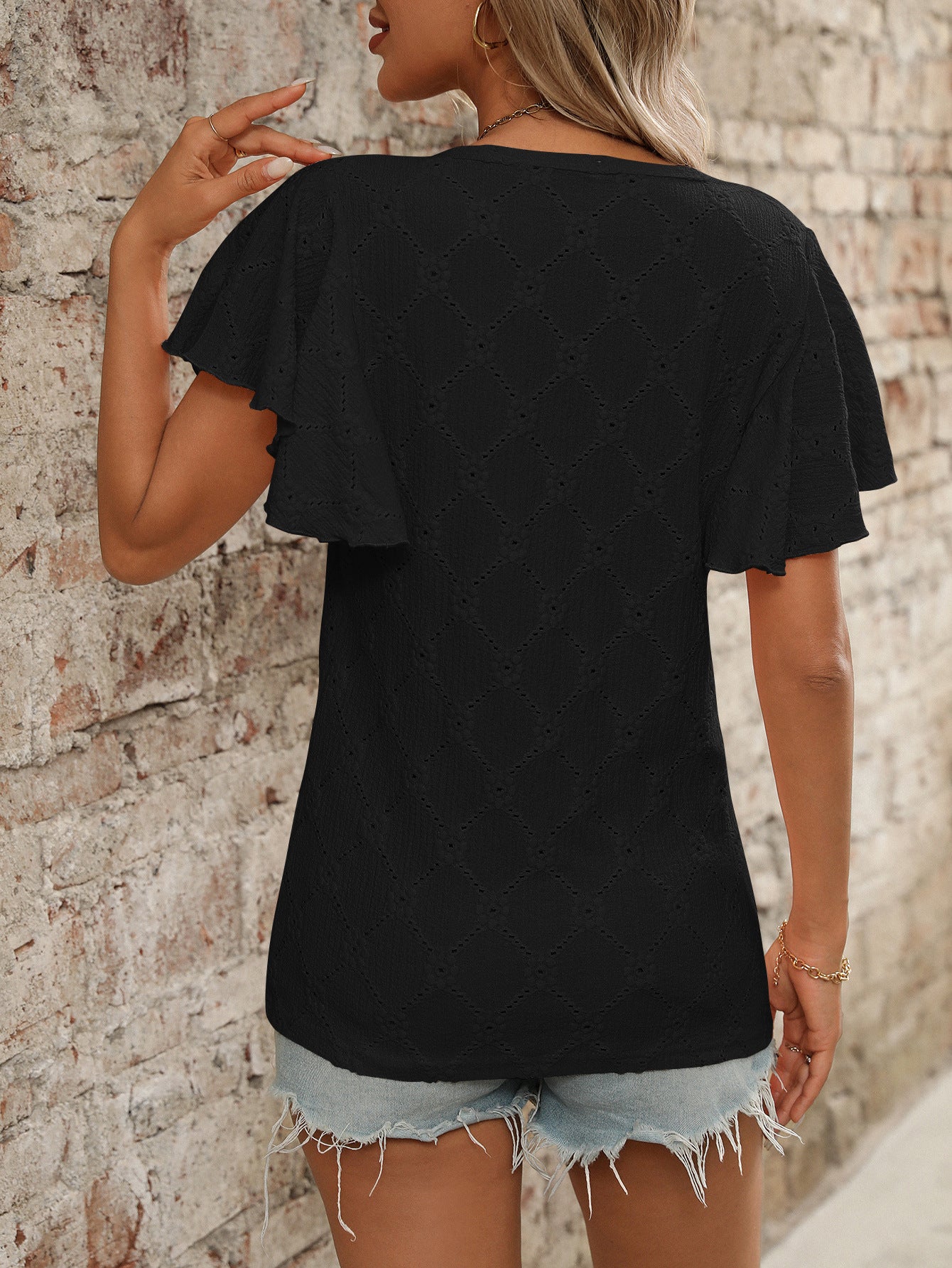 Women Clothing Summer T shirt Floral Cutout Ruffle Sleeve Casual Top