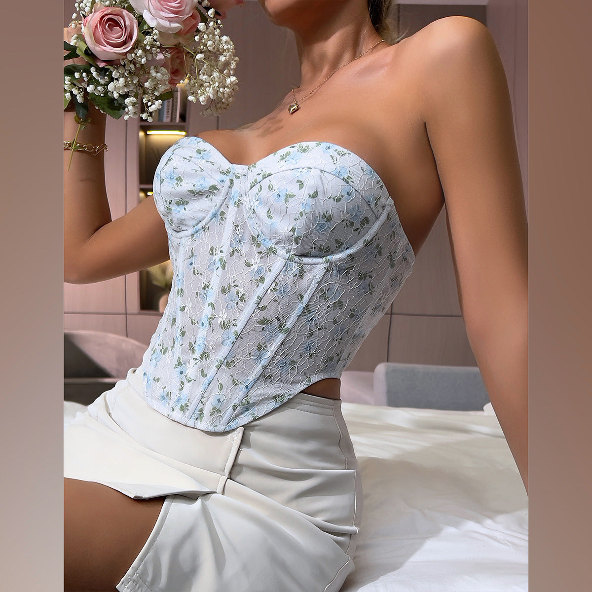 Sexy Mesh See through Shaped Chest Wrapped Steel Ring Boning Corset Waist Tied Vest Women