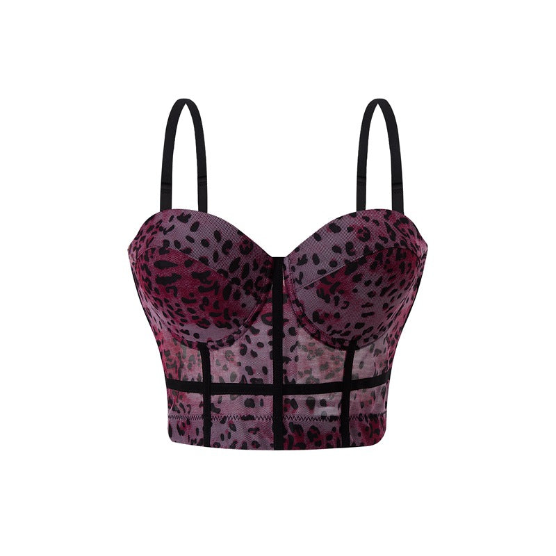 Sexy Leopard Print Stitching Bra Shoulder Straps High Grade Inner Mesh Lace See through Outer Wear Boning Corset Bra