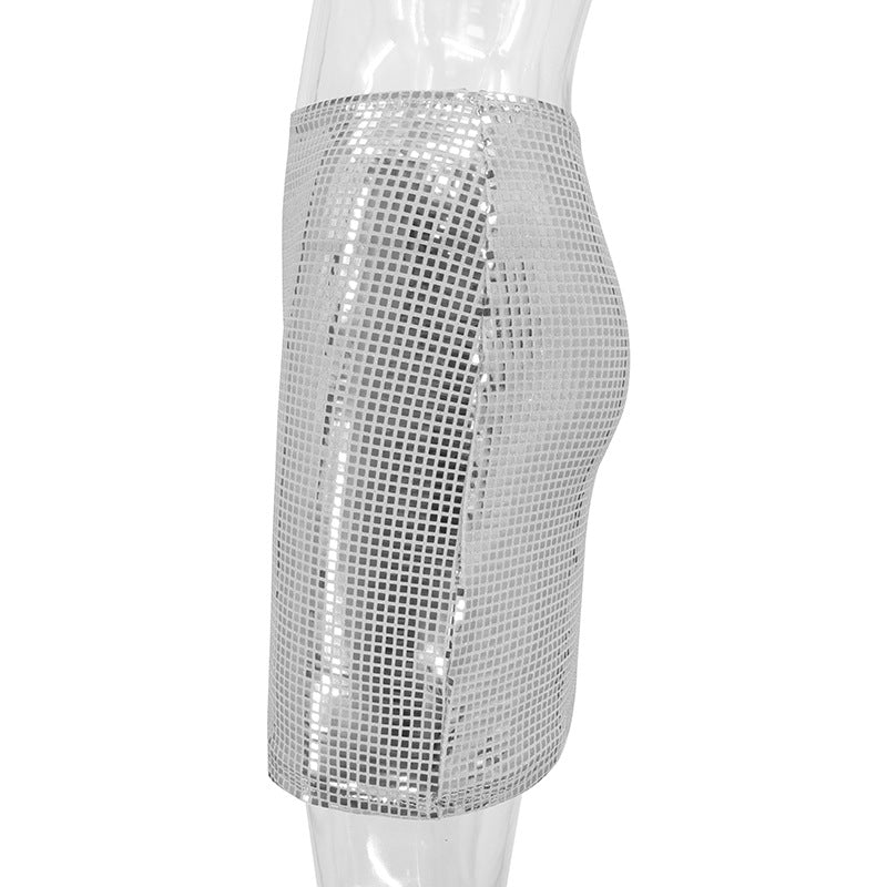 Spring Sexy Women Wear Solid Color Slim Mesh Sequined Hip Bag Skirt Women